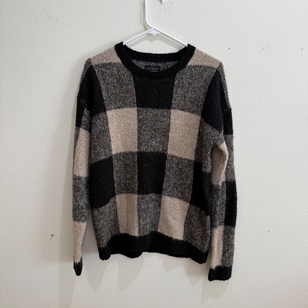 Lucky Brand Mens Buffalo Plaid Wool Blend Crewneck Sweater Black Tan Size M